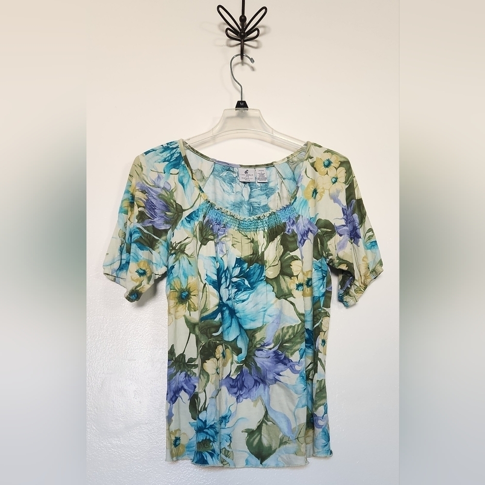 Caribbean Joe M Petite Women’s Multicolor Floral Top Embroidered Pleated…